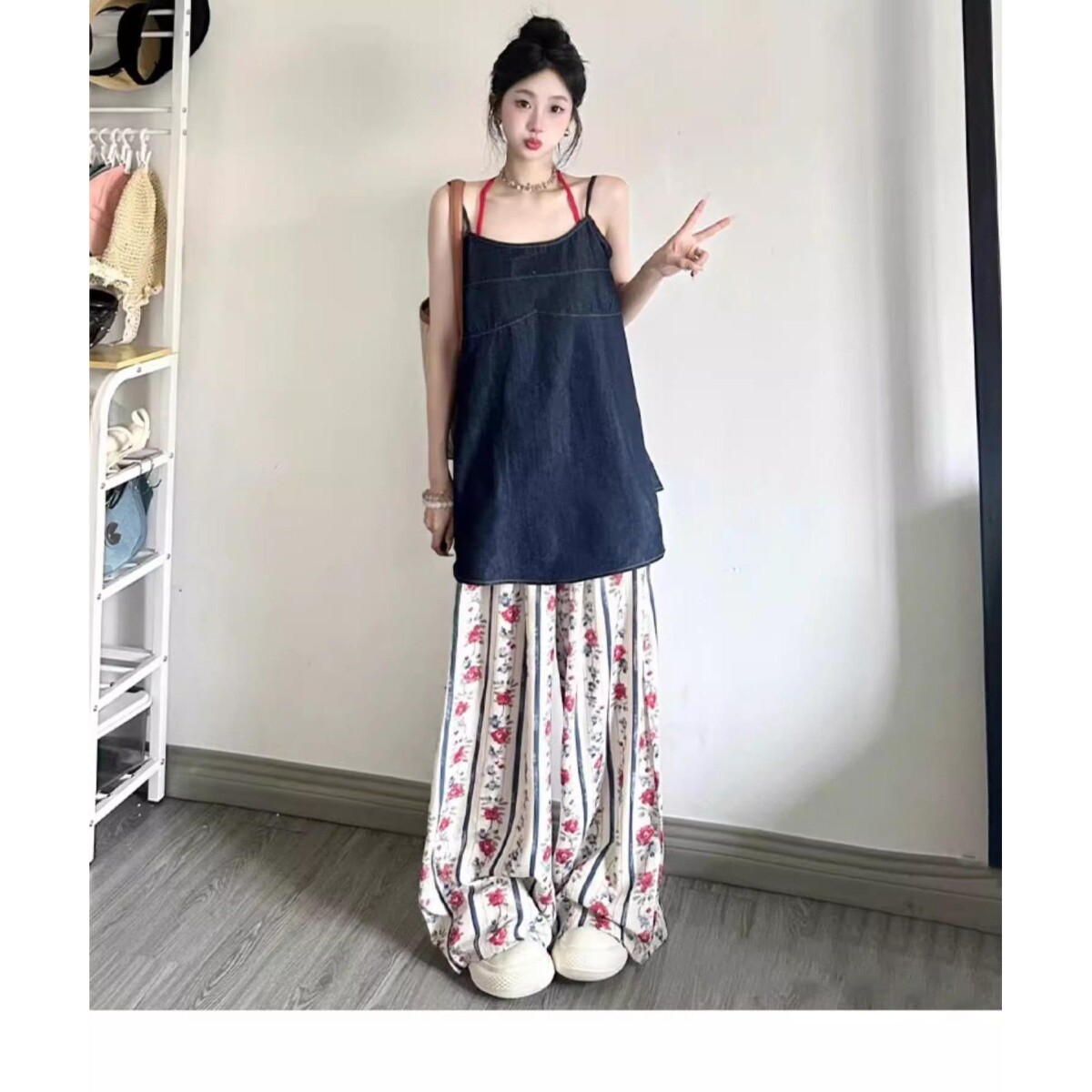 玫瑰碎花阔腿裤女夏季薄款雪纺高腰垂感直筒宽松复古休闲遛弯长裤