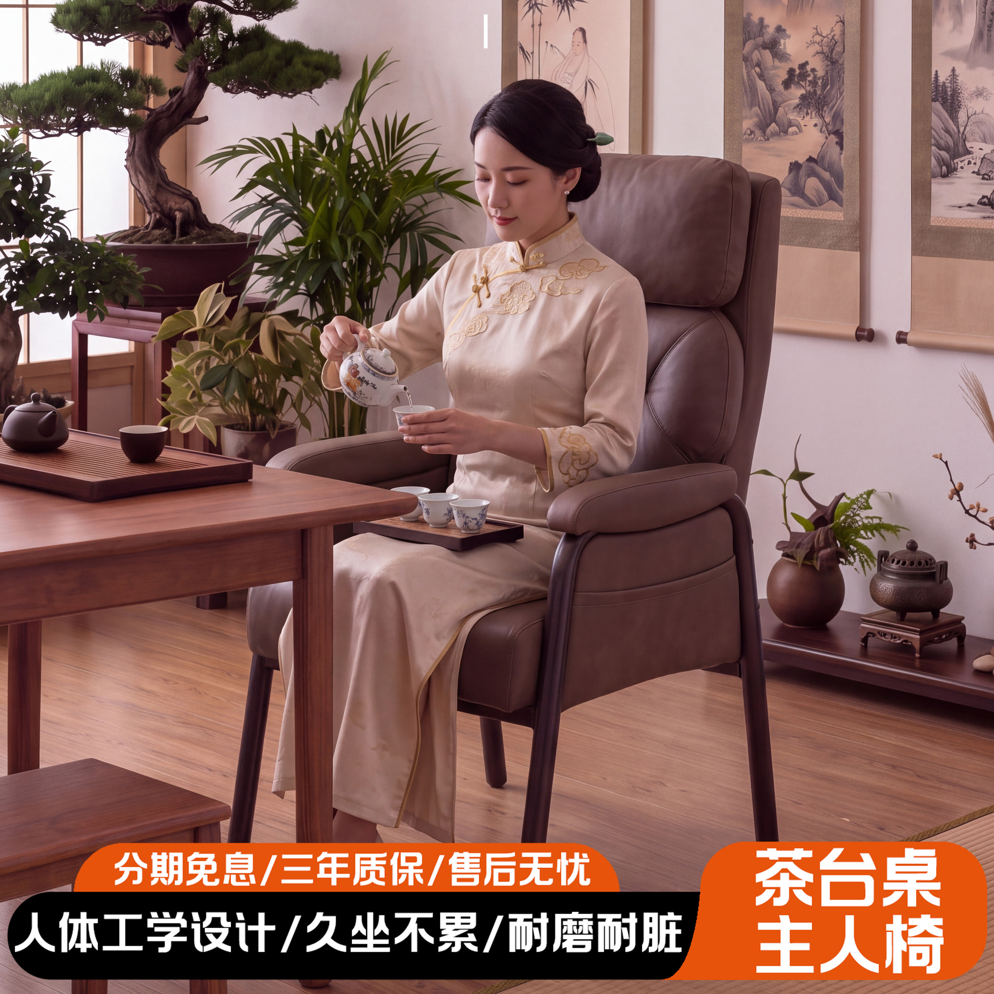 皮质高端茶泡茶护腰凳子带靠背茶桌椅子专用主人椅久坐舒适不累图片