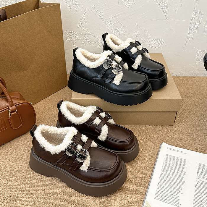 复古棕色加绒乐福鞋女2025秋冬新款增高厚底女鞋毛毛雪地靴小皮鞋