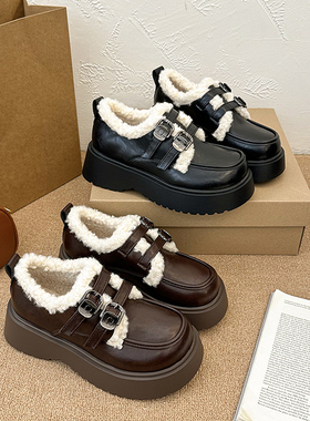 复古棕色加绒乐福鞋女2025秋冬新款增高厚底女鞋毛毛雪地靴小皮鞋