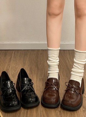 法式复古蝴蝶结粗跟一脚蹬乐福鞋女2025秋季新款百搭配裙子小皮鞋