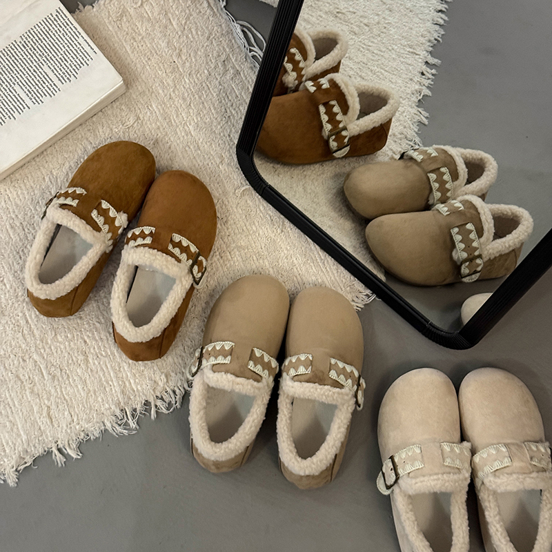 复古白色加绒加厚保暖平底棉鞋女2025新款冬季一脚蹬软底勃肯鞋子