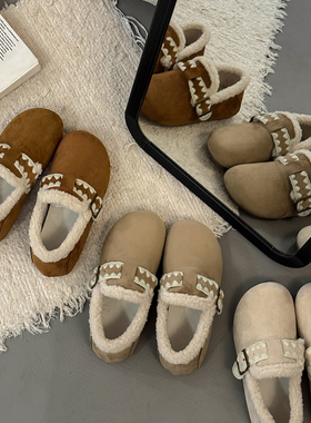 复古白色加绒加厚保暖平底棉鞋女2025新款冬季一脚蹬软底勃肯鞋子