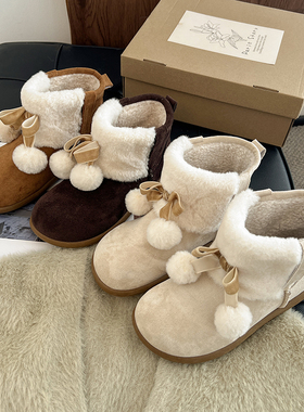 可爱圆头蝴蝶结毛球雪地靴女款2025冬季新款复古厚底加绒毛毛棉鞋