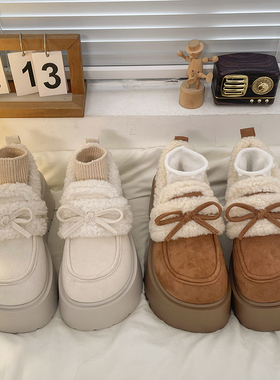 白色蝴蝶结厚底毛毛勃肯鞋女2025新款冬季加绒保暖增高雪地棉鞋子