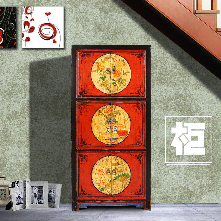新中式仿古实木玄关柜复古家具手绘鞋柜沙发边柜装饰柜客厅储物柜