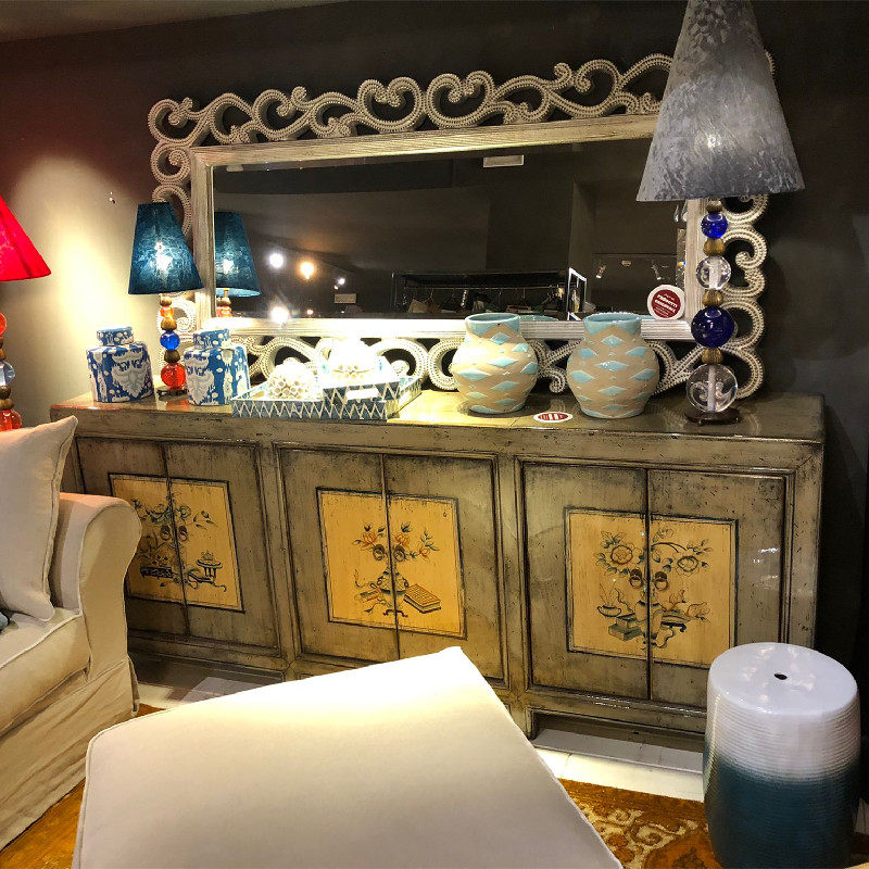 新中式实木餐边柜客厅碗柜六门手绘玄关柜酒店民宿储物柜复古家具