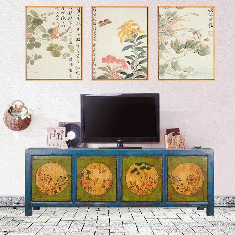 新中式复古实木电视柜客厅装饰储物柜仿古做旧4门手绘花鸟地柜