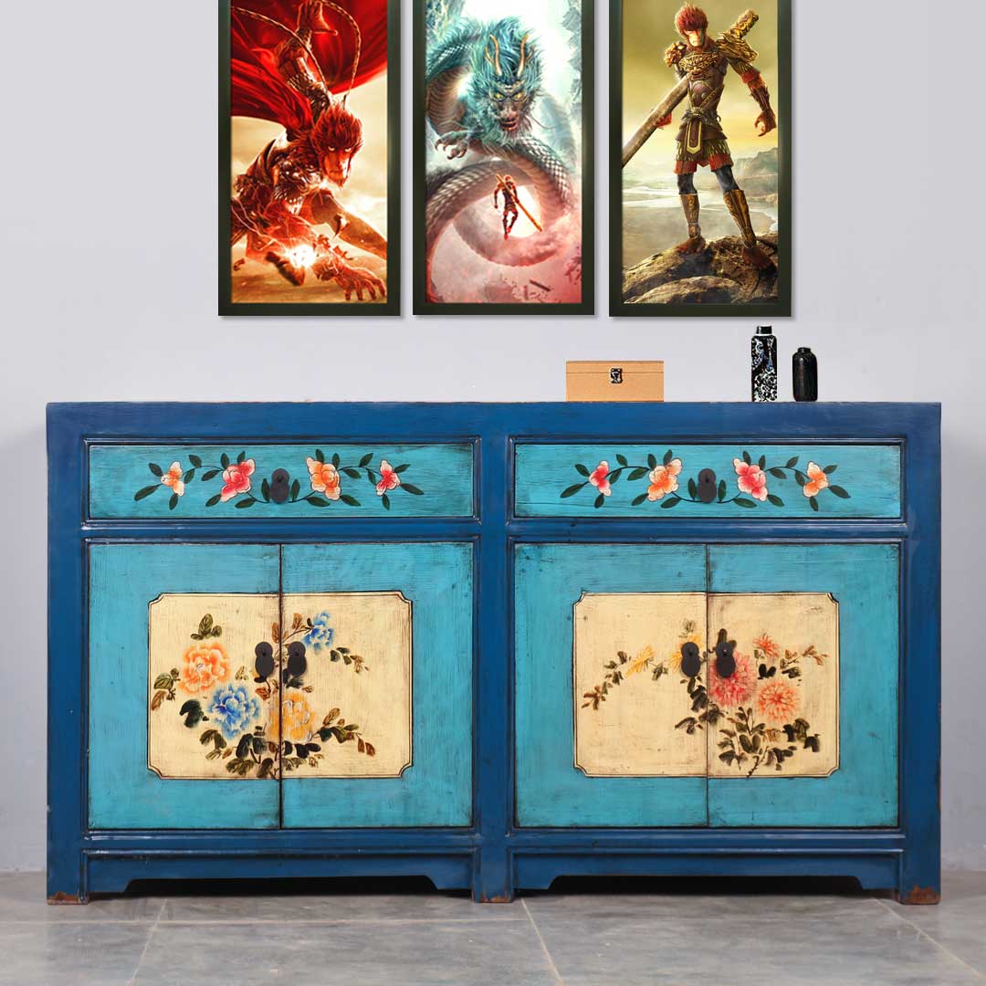 新中式仿古实木手绘家具复古餐边柜门厅柜鞋柜玄关柜储物柜隔断柜