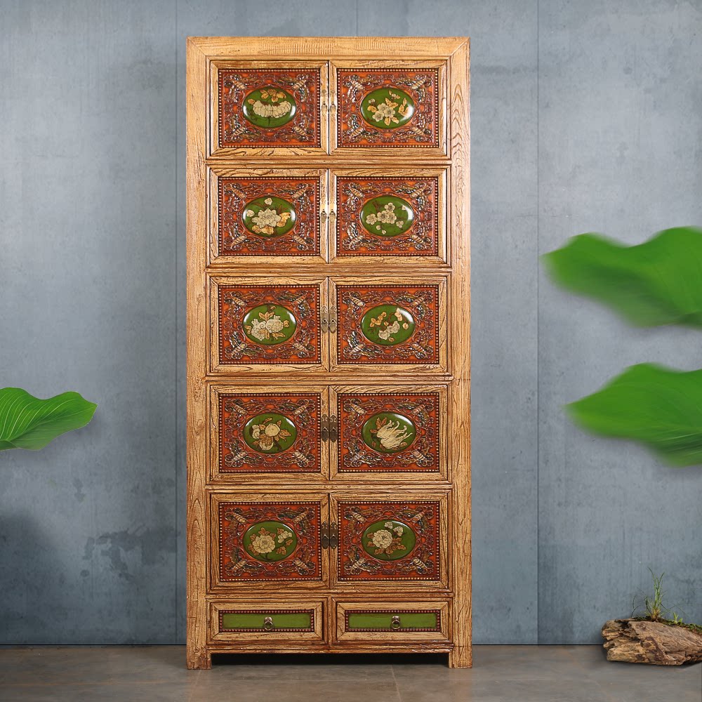 新中式复古实木家具10门2屉榆木储物柜鞋柜手绘衣柜儿童房衣橱