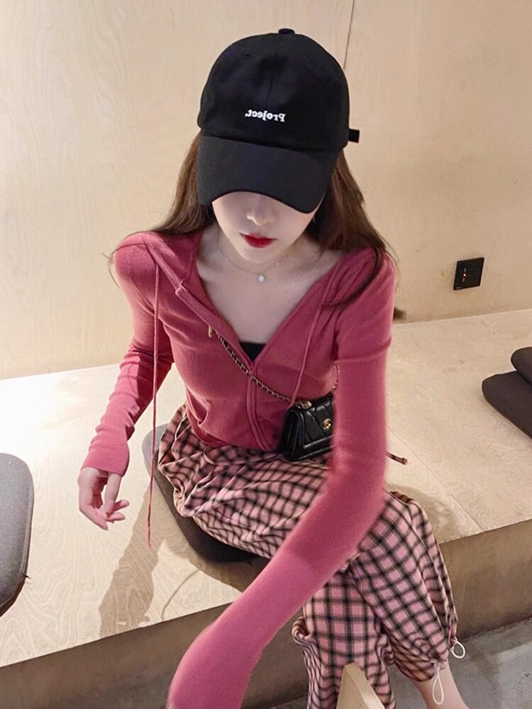 别致拉链春秋小个子连帽针织开衫