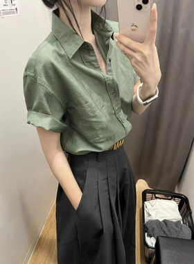 日系高级感绿色棉麻正肩短袖衬衫女夏季薄款亚麻超好看polo领上衣
