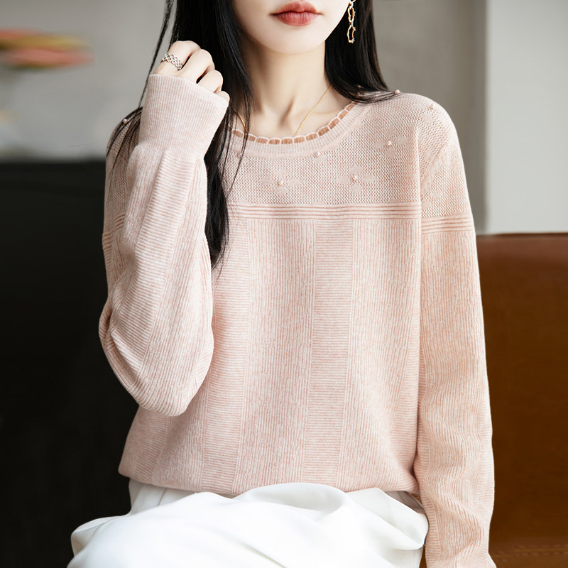 LOKA LURA蕾丝钉珠针织打底衫女春秋季内搭上衣洋气大码女装毛衣