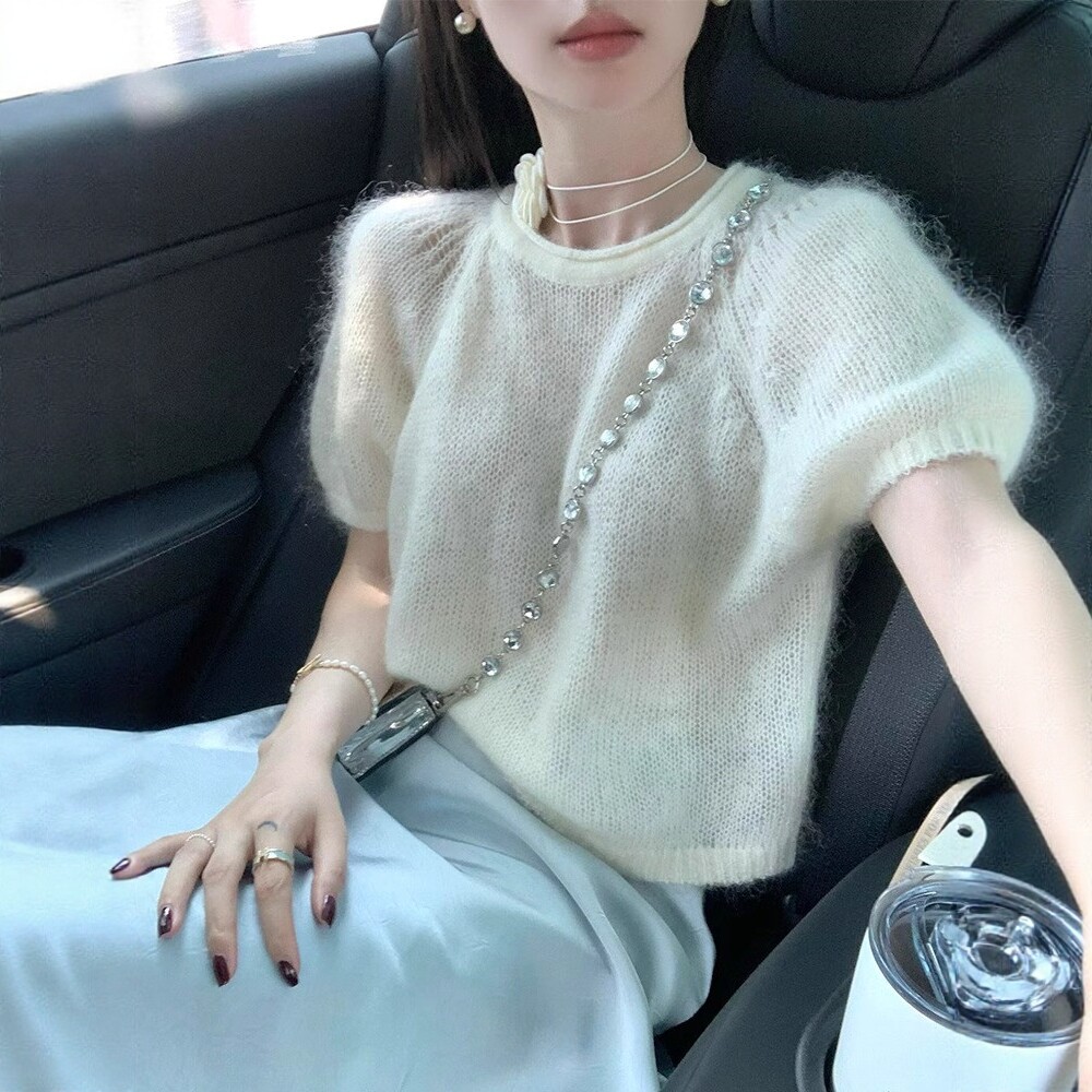 日系泡泡袖马海毛短袖毛衣女春秋