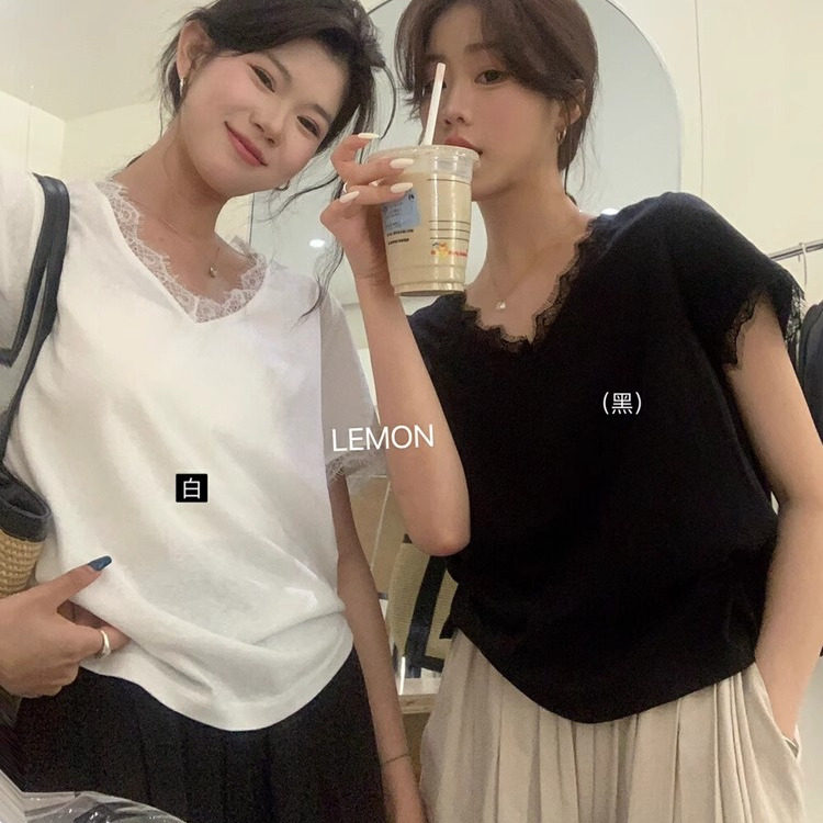 蕾丝花边v领正肩短袖t恤女上衣