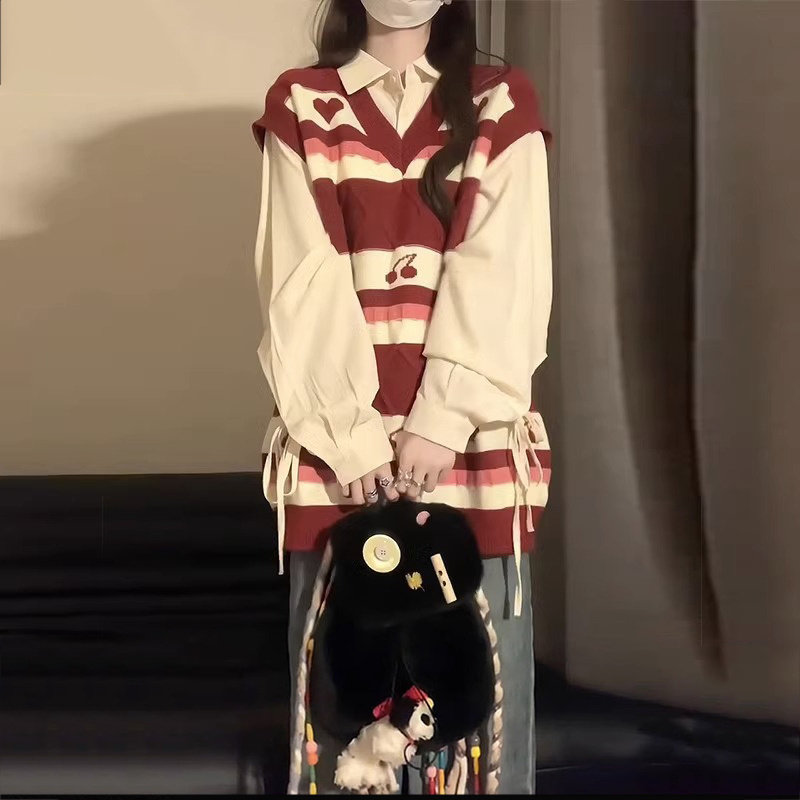 长袖衬衫女宽松针织毛衣马甲