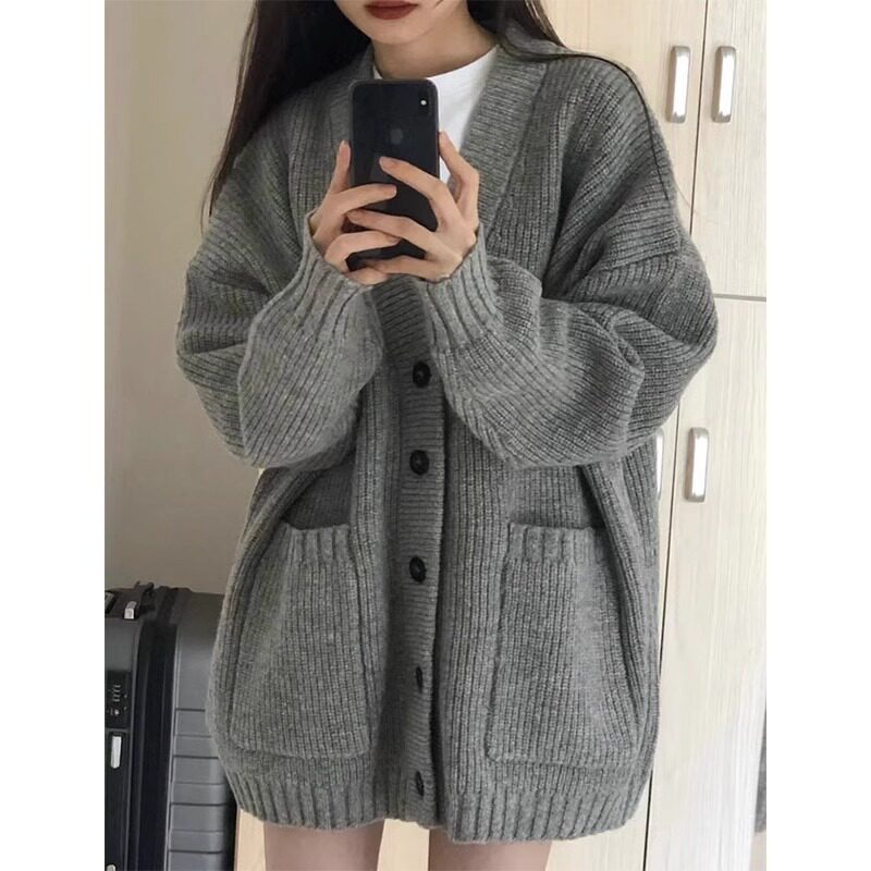 开衫针织灰色毛衣外套女法式宽松