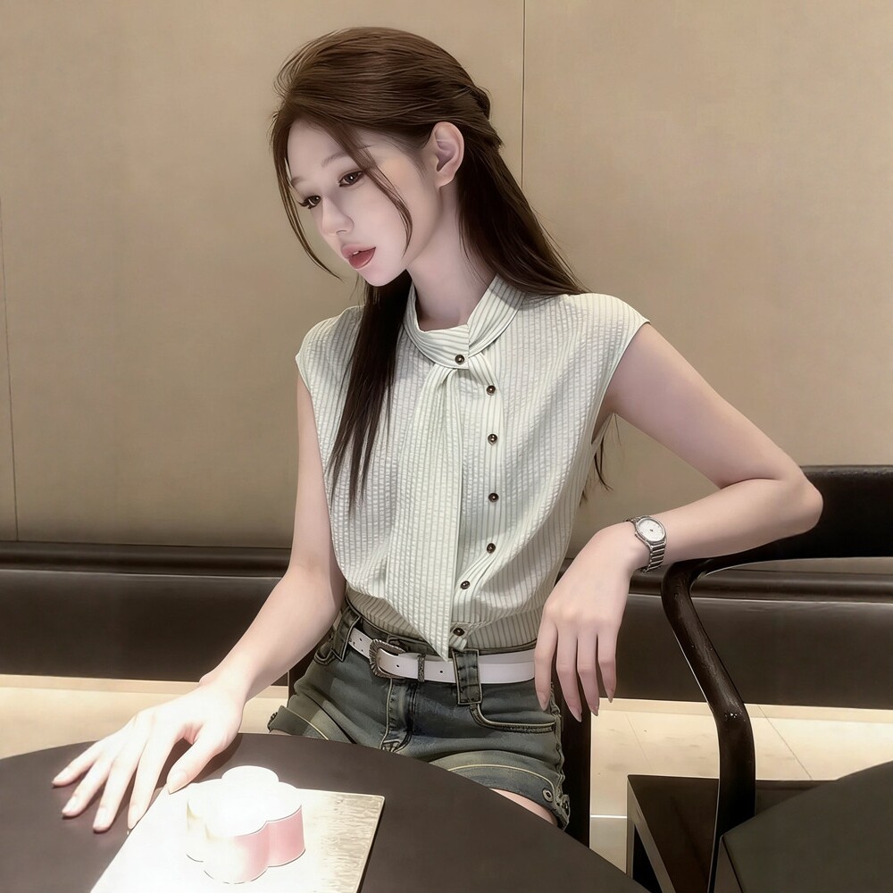 日系带领带立领条纹衬衫女夏季