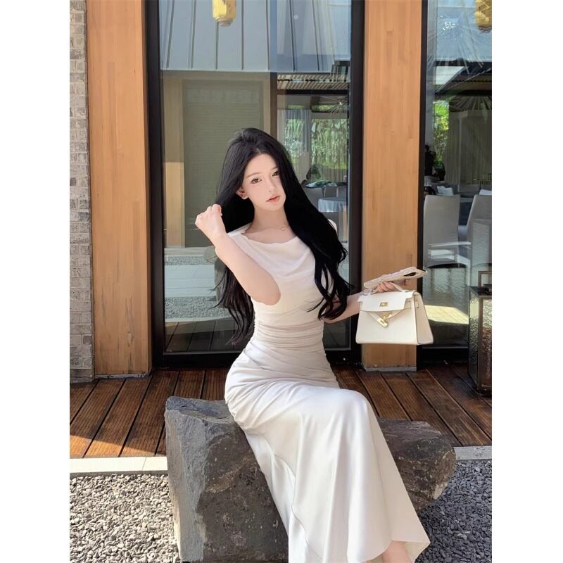 网纱拼接无袖背心连衣裙女缎面