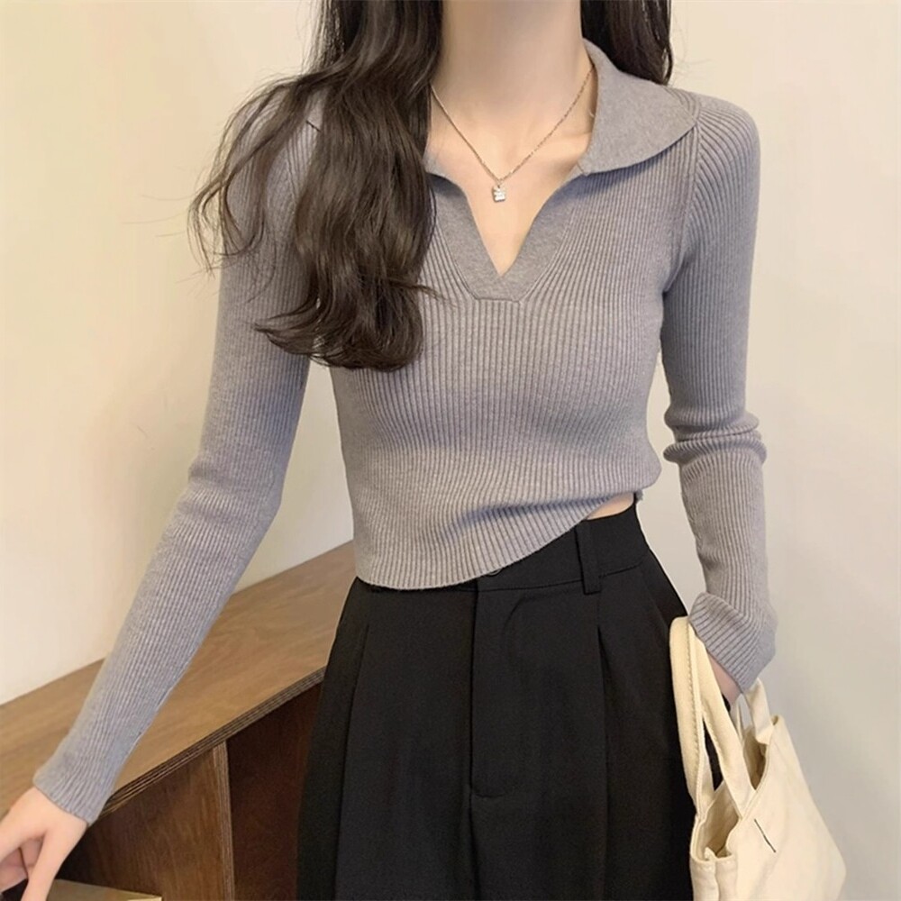 日系针织打底衫女秋冬polo领短款