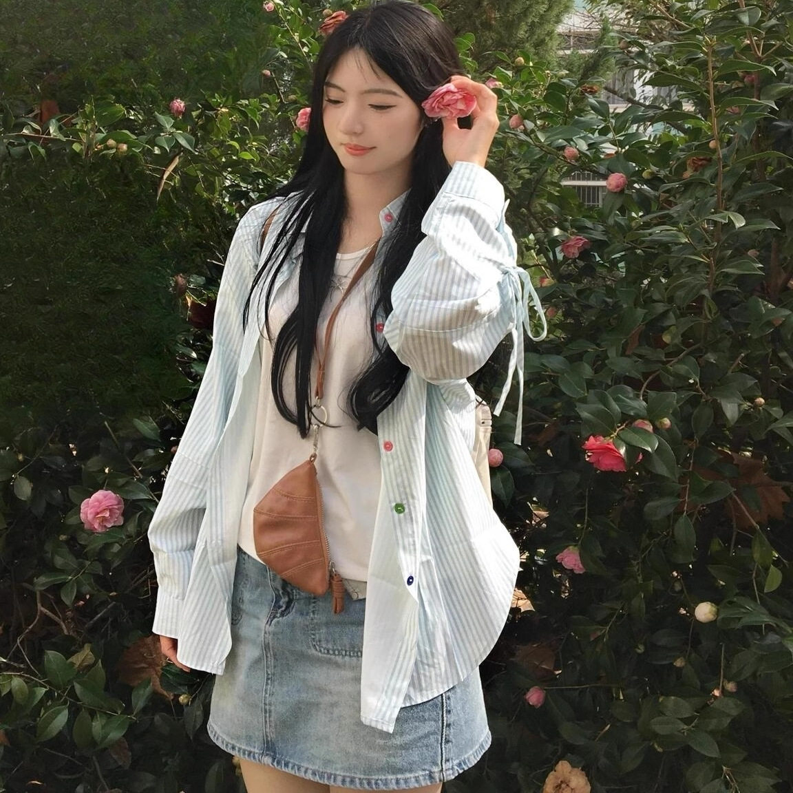 彩色纽扣系带条纹长袖防晒衬衫女