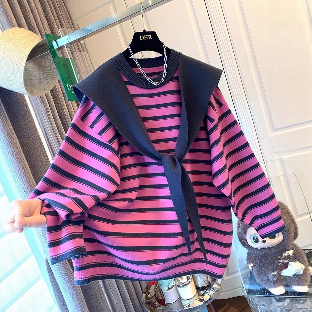 日系2025冬季新款条纹毛针织衫女