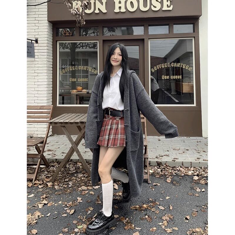 长款加厚毛衣外套女慵懒风牛角扣