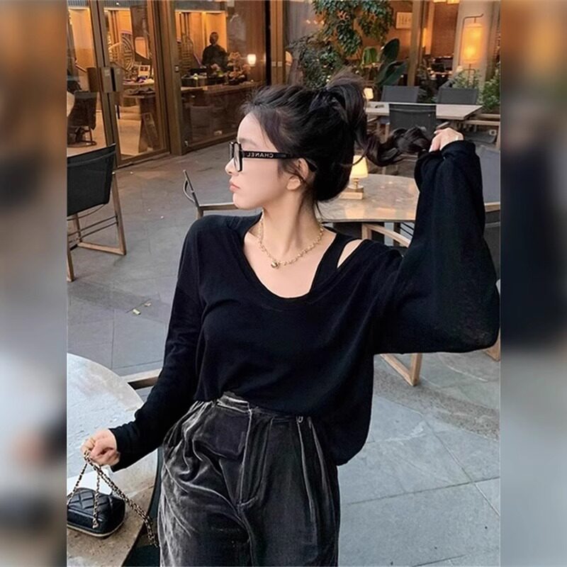 u领宽松露肩针织衫女背心两件套