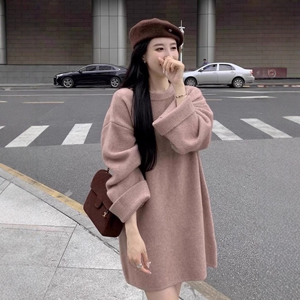 日系温柔慵懒风粉色针织衫女秋冬