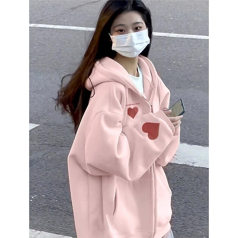 日系粉色厚加绒连帽卫衣外套女2025春秋新款休闲宽松慵懒运动开衫