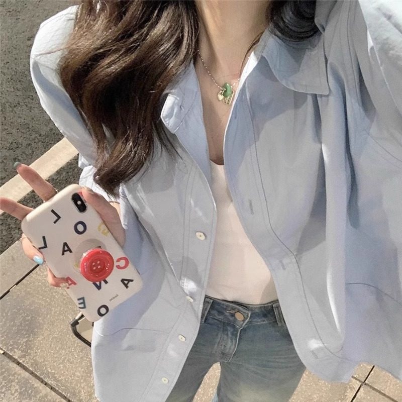 小个子长袖上衣蓝色衬衫外套女