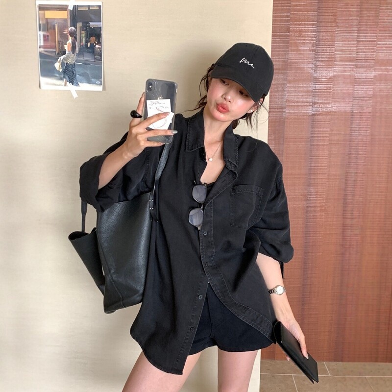 灰色长袖牛仔衬衫女复古慵懒风