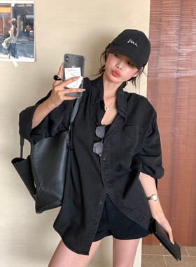 日系黑灰色长袖牛仔衬衫女春夏复古慵懒风宽松外搭高级感外套上衣