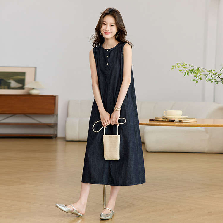 通勤无袖牛仔连衣裙女夏季