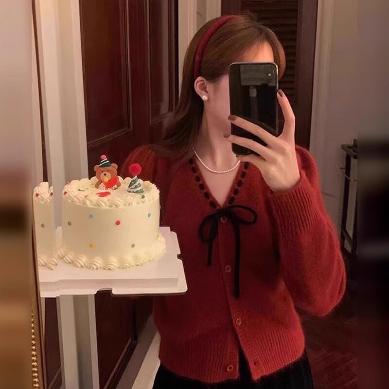 蝴蝶结V领过年本命年红色毛衣女