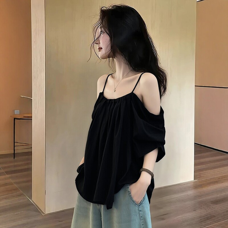 高级感黑色一字肩吊带短袖t恤女