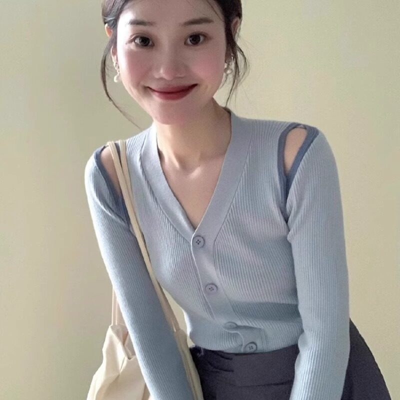 拼色镂空V领露肩针织开衫女春秋