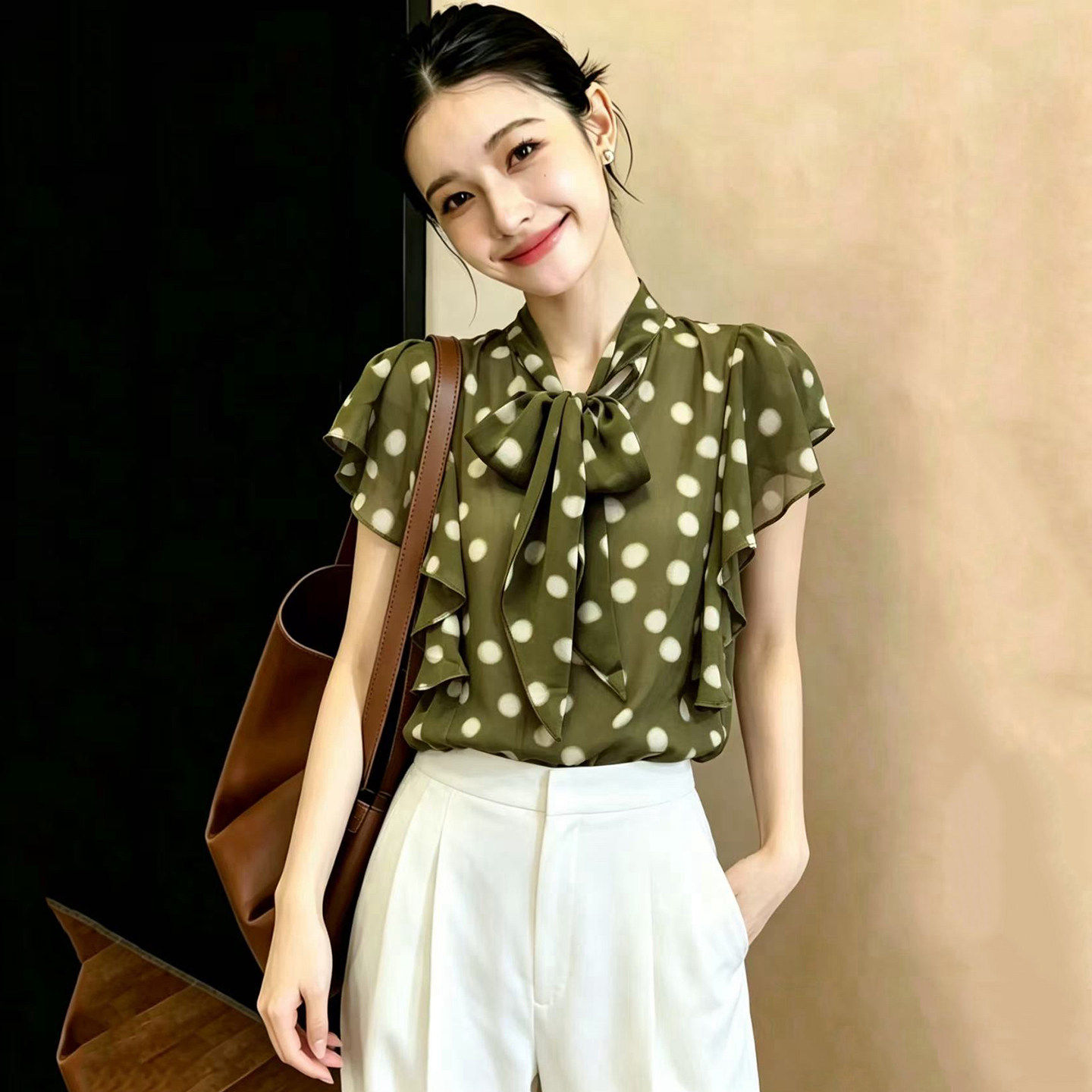 绑带波点雪纺衫女夏季新款