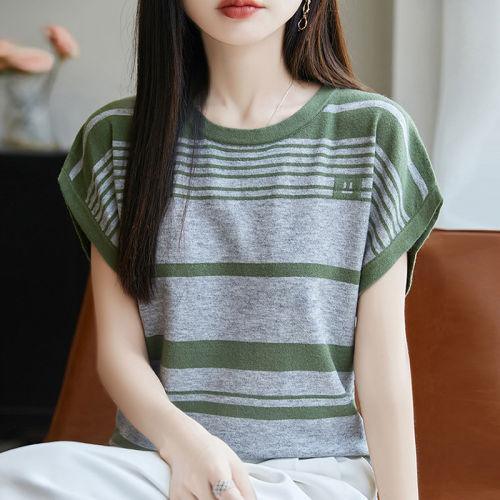LOKA LURA条纹飞袖短袖t恤女夏季打底洋派大尺码女装冰丝针织上衣