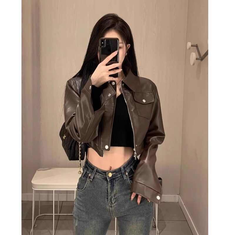 美式复古棕色短款皮衣外套女