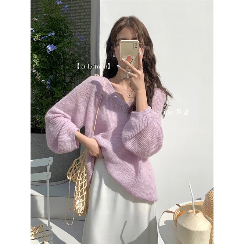 奶fufu软糯v领紫色马海毛毛衣女