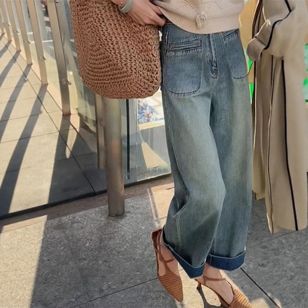 日系牛仔裤女秋季复古高腰阔腿裤
