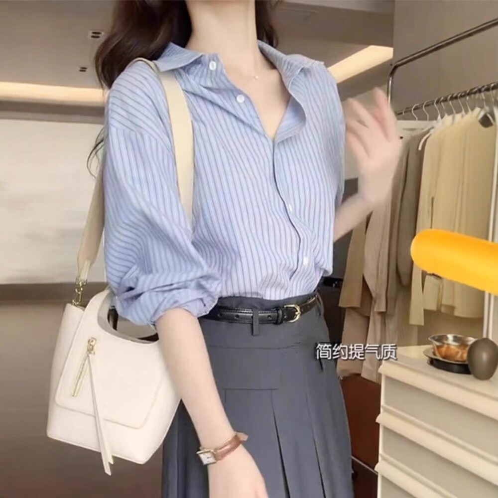 日系韩系高级感蓝色条纹长袖衬衫女夏季外搭开衫上衣气质职业衬衣