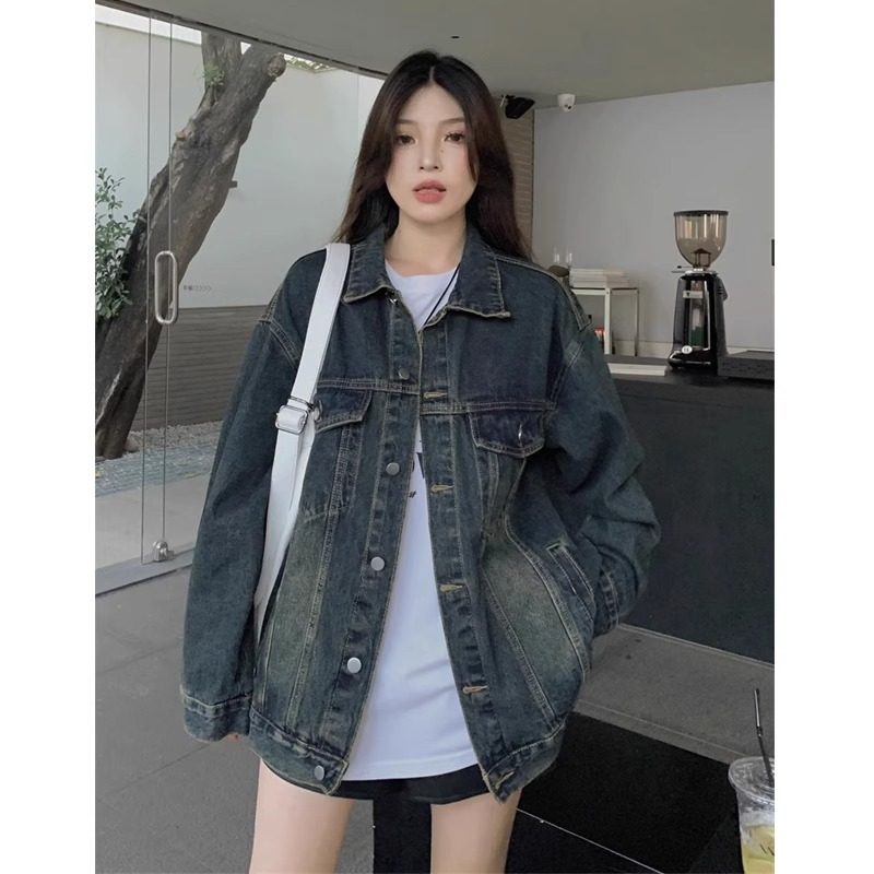 宽松美式复古港风做旧牛仔外套女