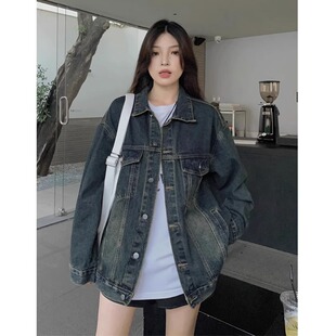 日系宽松美式复古港风chic做旧牛仔外套女休闲百搭小个子夹克上衣