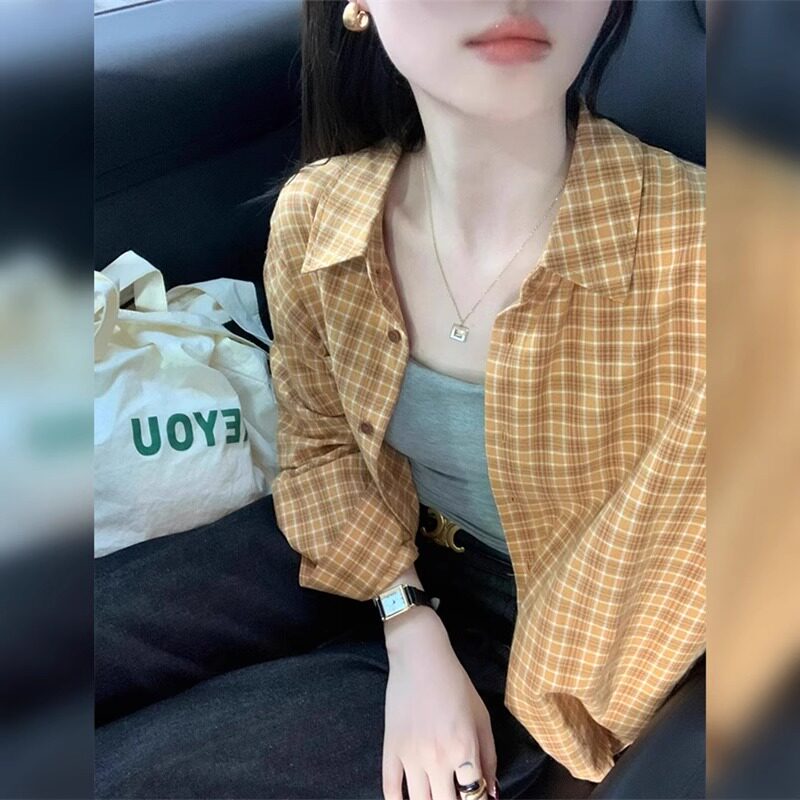 黄色格子长袖衬衫外套女开衫翻领