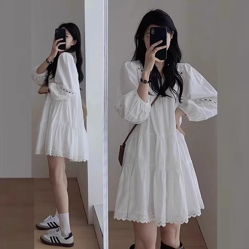春秋装小个子法式白色长袖连衣裙