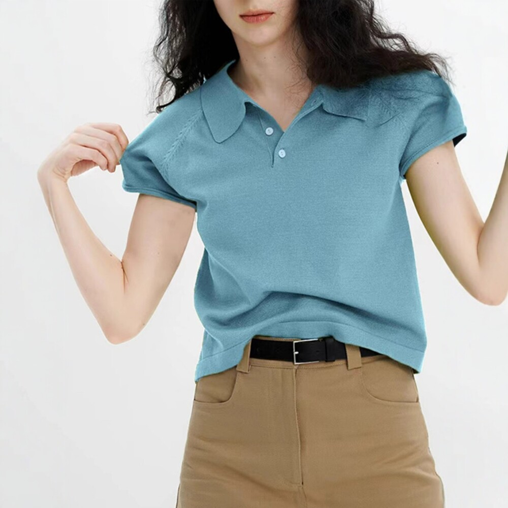日系polo领正肩短袖t恤女夏季