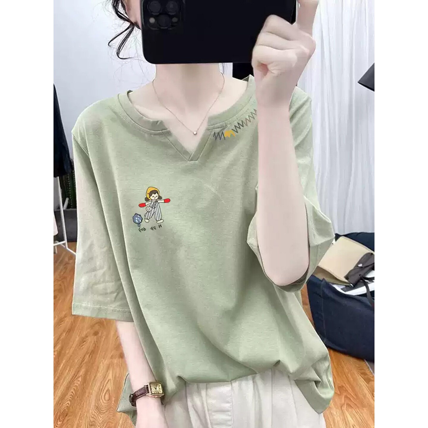 V领五分袖显瘦女T恤夏