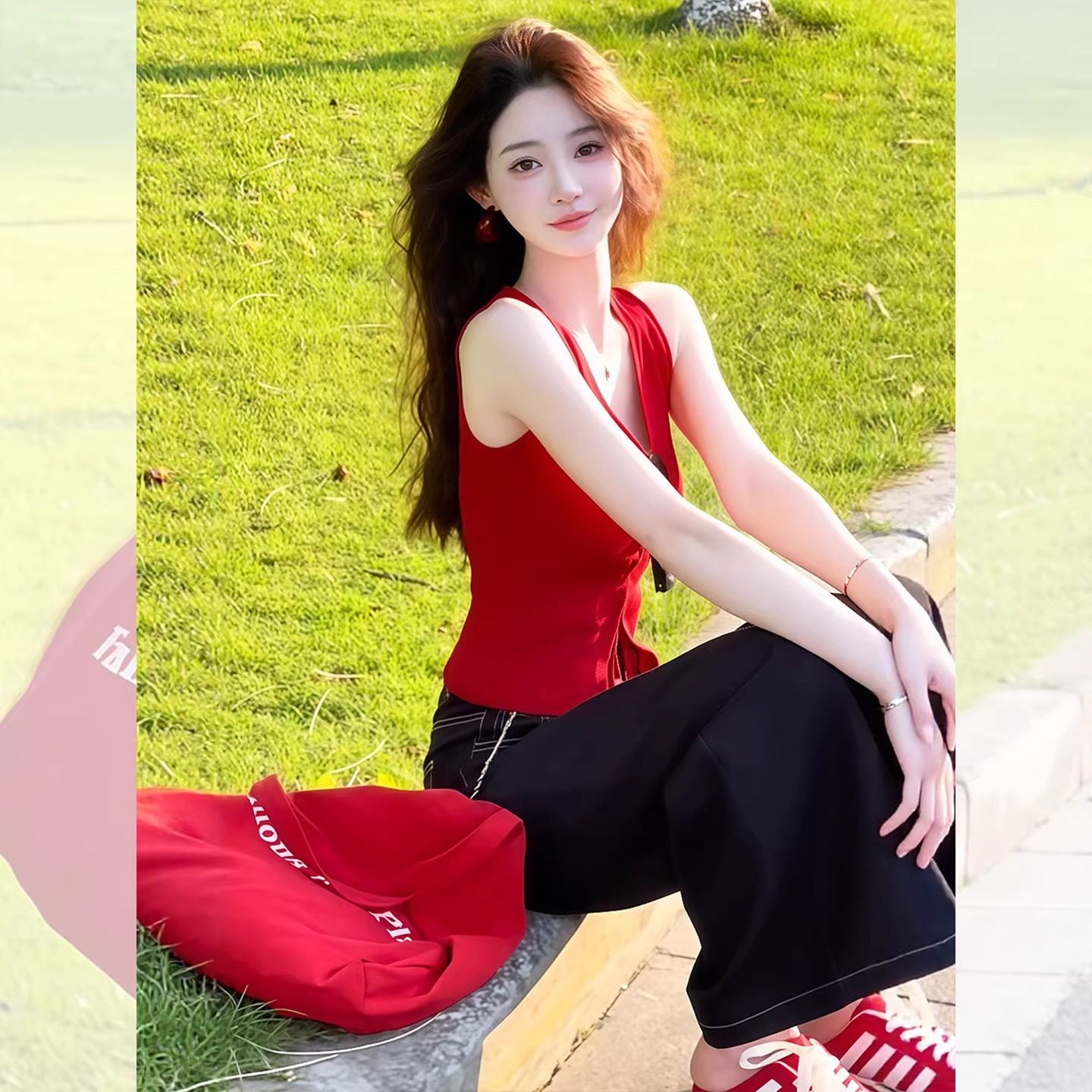 日系红色吊带收腰无袖t恤女夏季新款多巴胺甜辣风chic高级感上衣